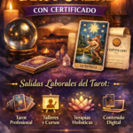 Imagen promocional de un curso de tarot online con certificado, con cartas del tarot, una bola de cristal, velas y un pergamino, destacando las salidas laborales del tarot como lecturas profesionales, talleres, terapias holísticas y creación de contenido digital.