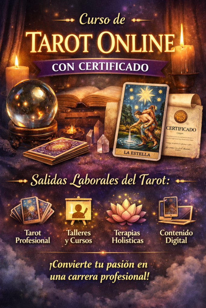 Imagen promocional de un curso de tarot online con certificado, con cartas del tarot, una bola de cristal, velas y un pergamino, destacando las salidas laborales del tarot como lecturas profesionales, talleres, terapias holísticas y creación de contenido digital.