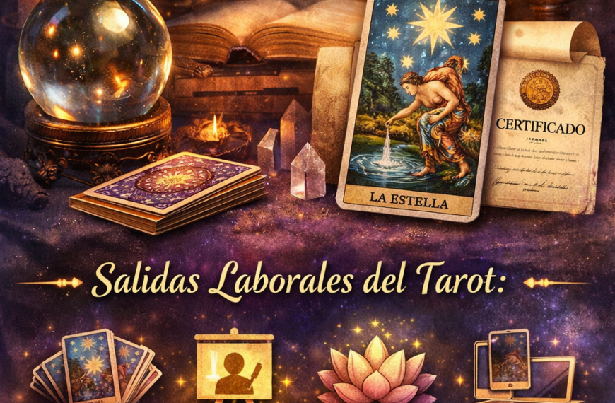 Imagen promocional de un curso de tarot online con certificado, con cartas del tarot, una bola de cristal, velas y un pergamino, destacando las salidas laborales del tarot como lecturas profesionales, talleres, terapias holísticas y creación de contenido digital.